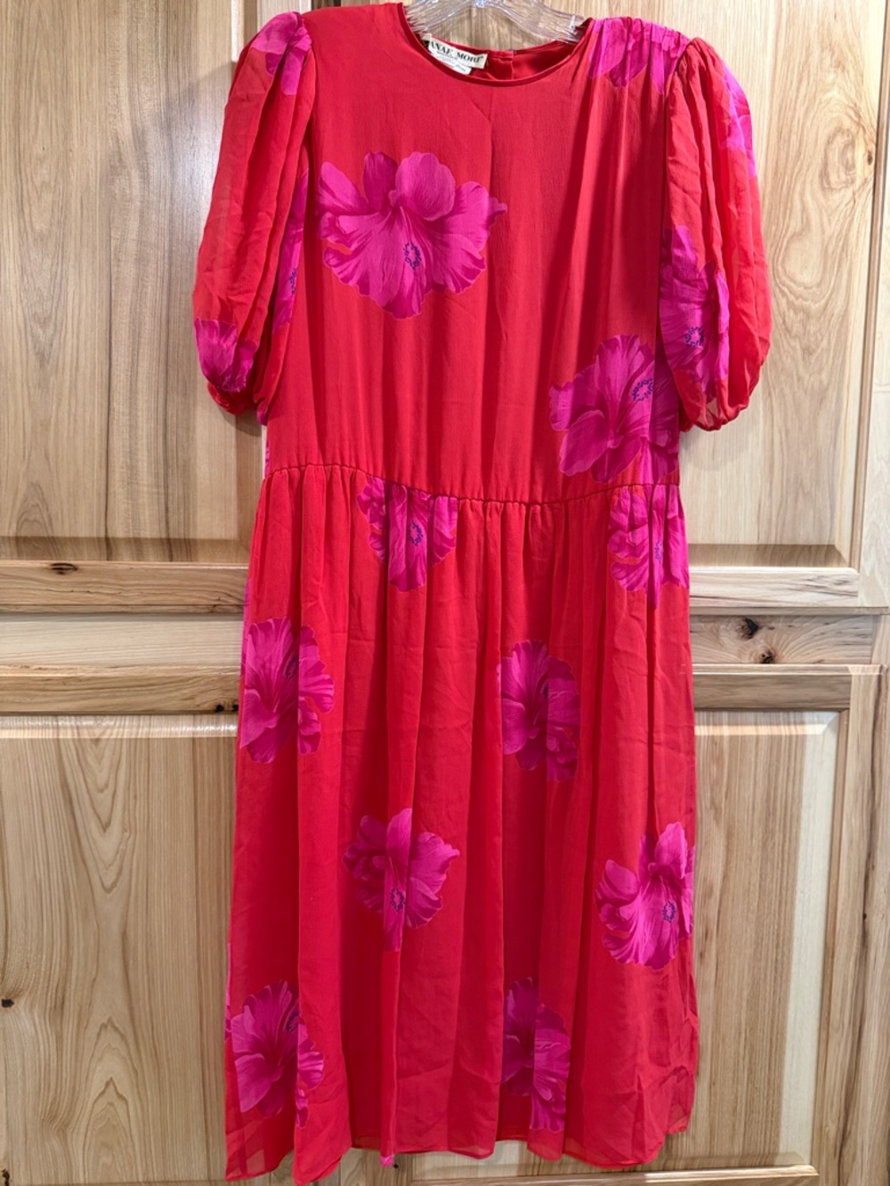 Hanae Mori Stunning Vintage Silk Red Floral Puff Sleeve Midi Dress Size 8